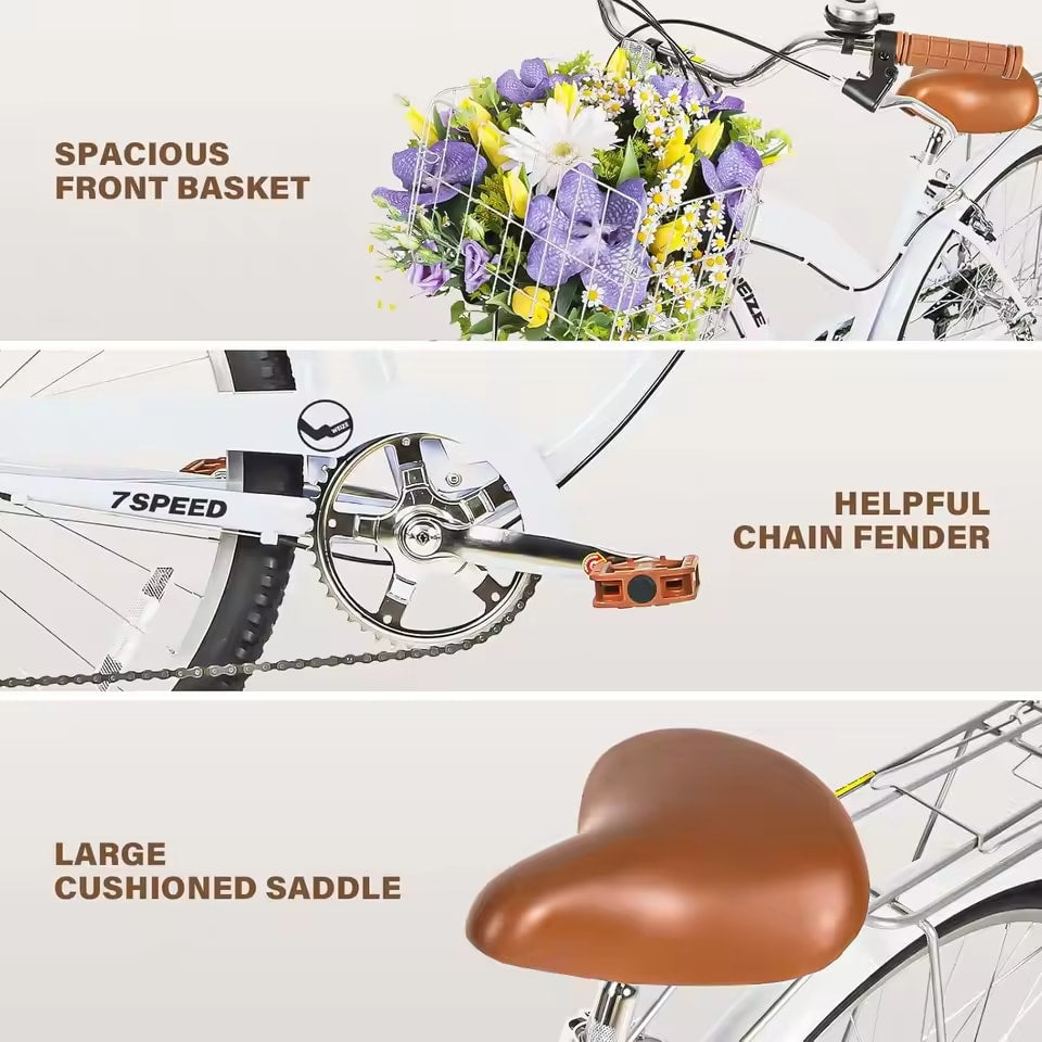 26 inch Commuter Bicycle for Adult Men and Women, 7-Speed/High-Carbon Steel/Front & Rear Fenders, Comfortable City Bikes