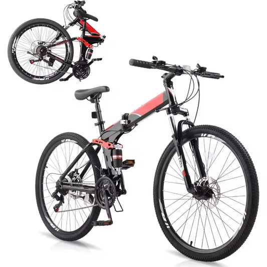 Folding Mountain Bike 21 Speed 26 Inch Bicycle, Dual Kill Disc Brake System, Padded Shock Forks